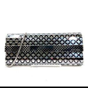 Auth Jimmy Choo Black & Clear Diamond Print Acrylic Sweetie Clutch Silver Chain